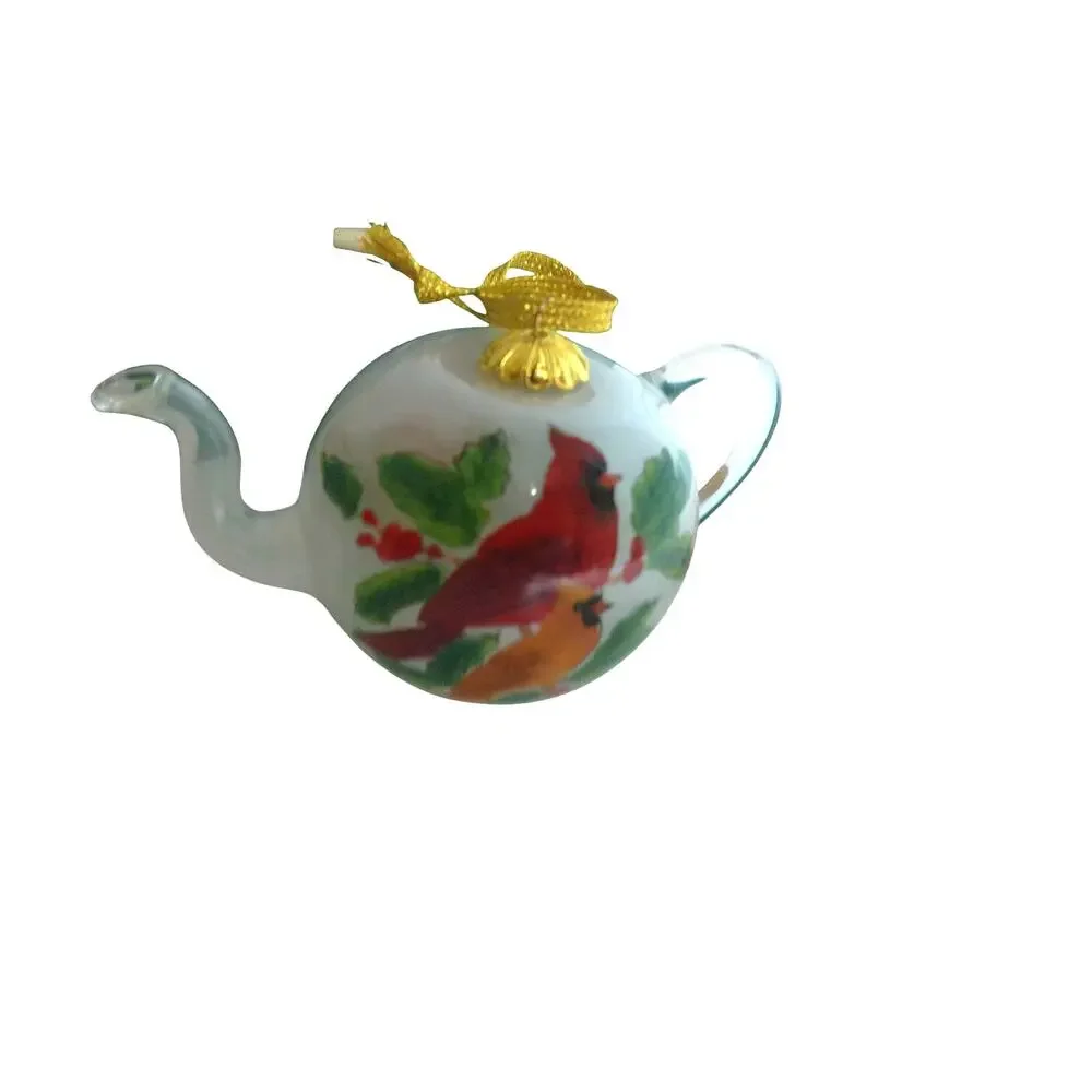 Vintage 1998 Studio Nova Cardinals on Teapot Glass Christmas Ornament